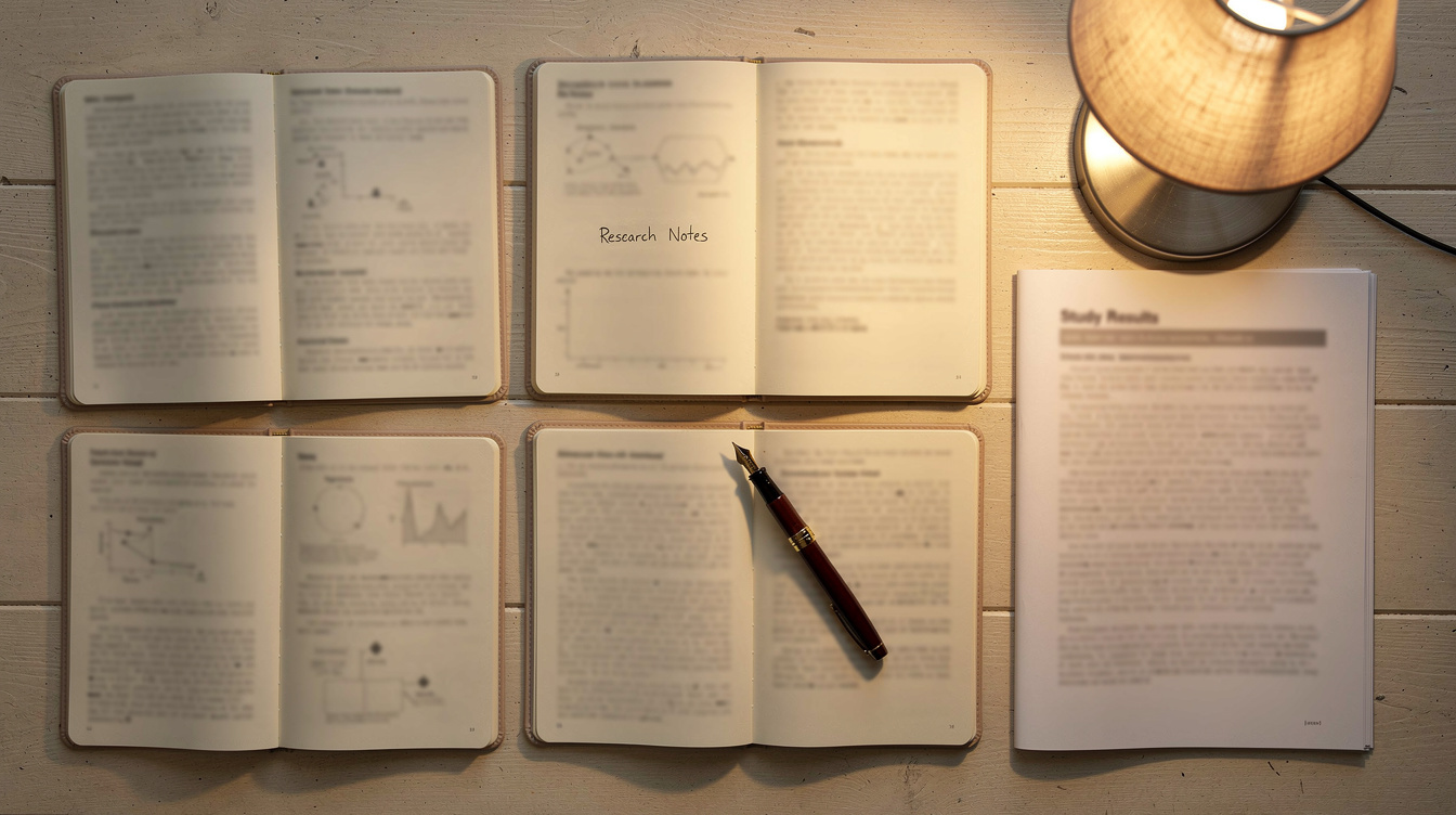 Research desk with open notebooks, printed documents and a lamp