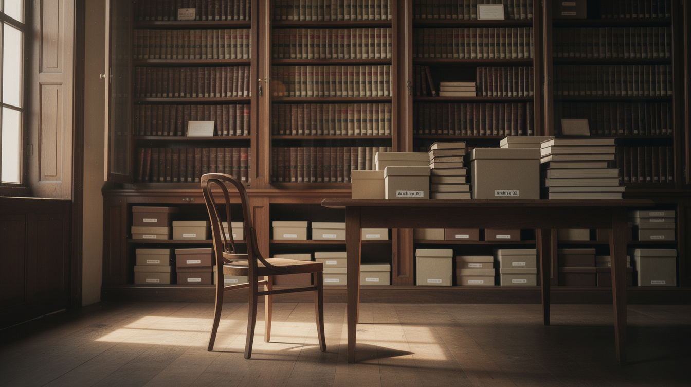 Quiet reading room with tall bookshelves and archival documents