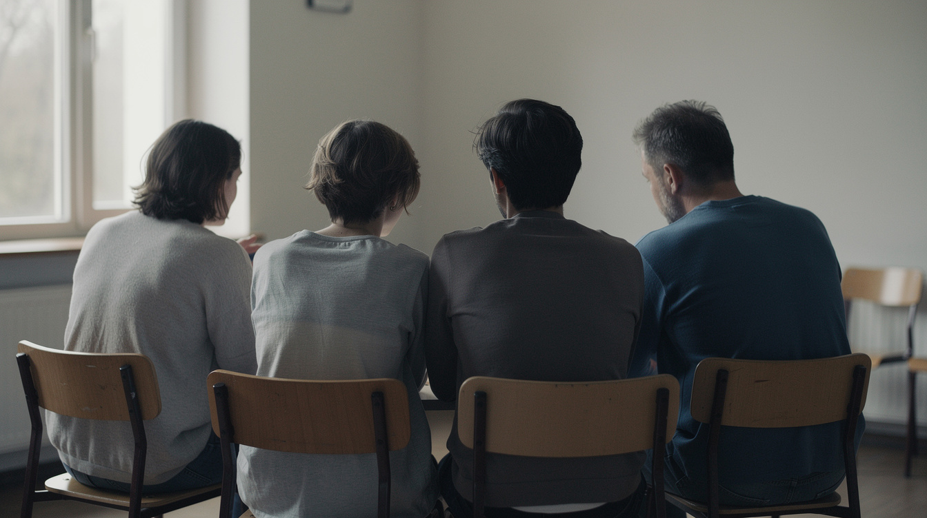 Group of anonymous people seen from behind sitting together